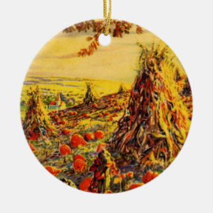 Vintage Halloween Pumpkin Patch with Haystacks Ceramic Tree Decoration