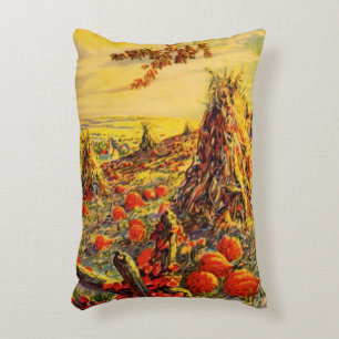 Vintage Halloween Pumpkin Patch with Haystacks Decorative Cushion