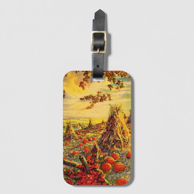 Vintage Halloween Pumpkin Patch with Haystacks Luggage Tag (Front Vertical)