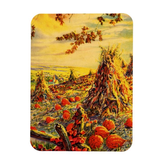 Vintage Halloween Pumpkin Patch with Haystacks Magnet (Vertical)