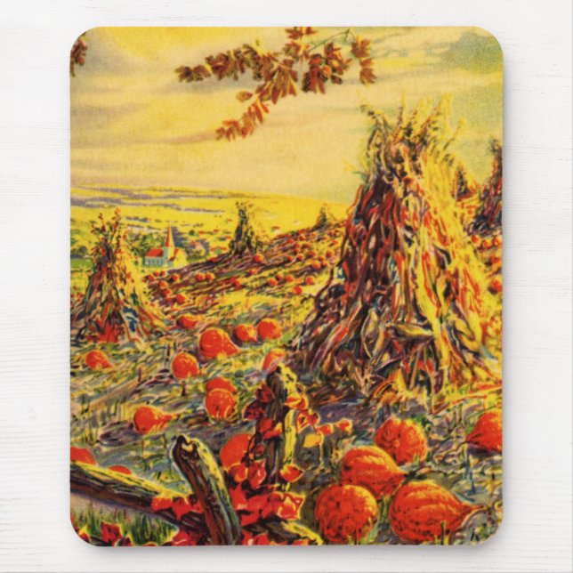 Vintage Halloween Pumpkin Patch with Haystacks Mouse Mat (Front)