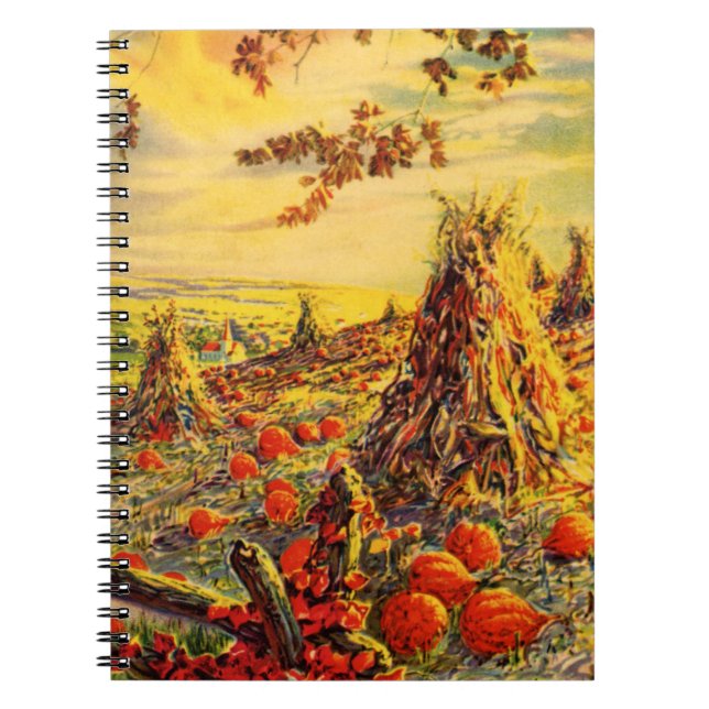Vintage Halloween Pumpkin Patch with Haystacks Notebook (Front)