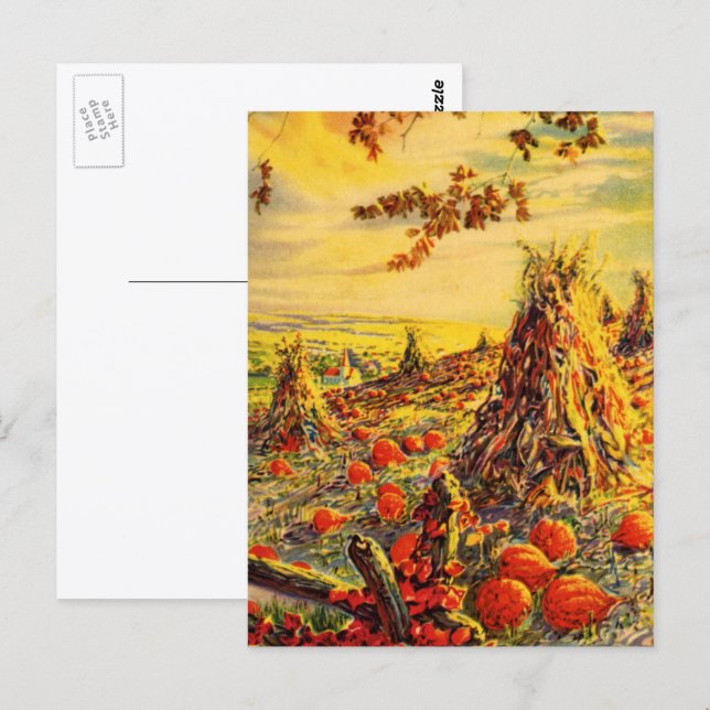 Vintage Halloween Pumpkin Patch with Haystacks Postcard (Front/Back)