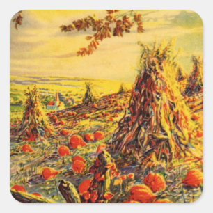 Vintage Halloween Pumpkin Patch with Haystacks Square Sticker