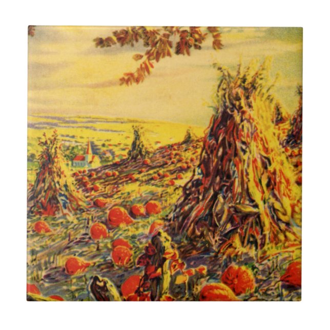 Vintage Halloween Pumpkin Patch with Haystacks Tile (Front)