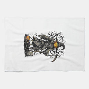 Vintage Halloween Pumpkin Scarecrow Shirt Design_1 Tea Towel