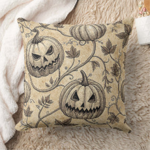 Vintage Halloween Pumpkin Vine Pattern Cushion