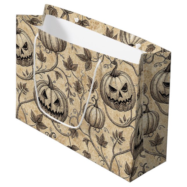 Vintage Halloween Pumpkin Vine Pattern Large Gift Bag (Front Angled)