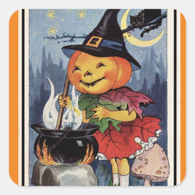 Vintage Halloween Pumpkin Witch Girl Square Sticker (Front)