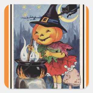Vintage Halloween Pumpkin Witch Girl Square Sticker