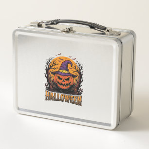 Vintage Halloween Pumpkin Witch Hat Graphic_1 Metal Lunch Box