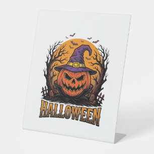 Vintage Halloween Pumpkin Witch Hat Graphic_1 Pedestal Sign