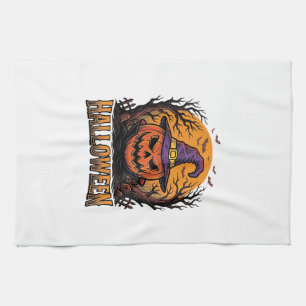 Vintage Halloween Pumpkin Witch Hat Graphic_1 Tea Towel