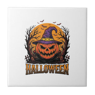 Vintage Halloween Pumpkin Witch Hat Graphic_1 Tile
