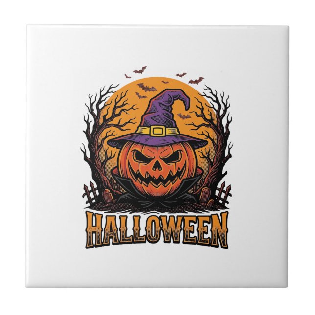 Vintage Halloween Pumpkin Witch Hat Graphic_1 Tile (Front)