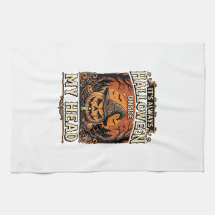 Vintage Halloween Pumpkin Witch Hat Shirt Design_1 Tea Towel