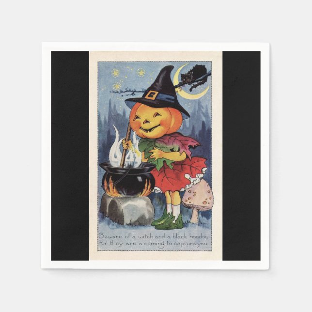 Vintage Halloween Pumpkin Witch Paper Napkin (Front)