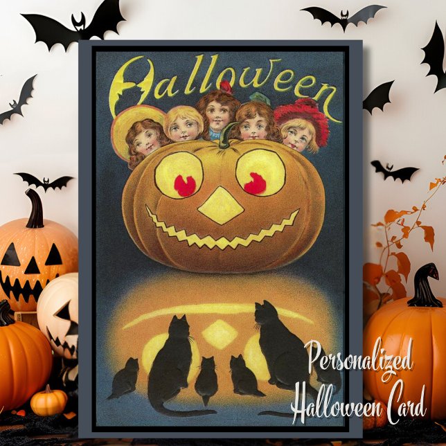 Vintage Halloween Pumpkin with Children Custom Holiday Card (Vintage Halloween Pumpkin with Children Custom Card with editable message. Just add your name!)