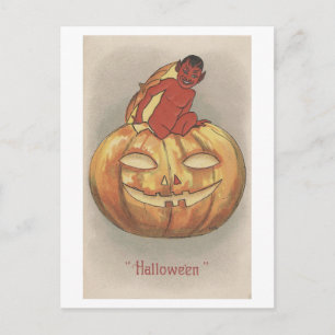 Vintage Halloween Pumpkin With Devil Postcard