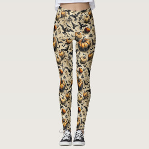 Vintage Halloween Pumpkins Bats Crows Autumn Leggings