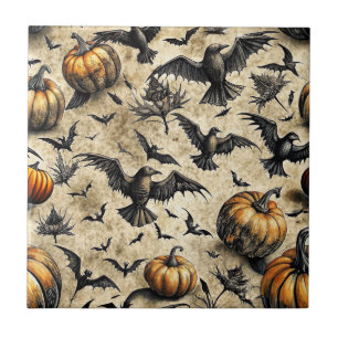 Vintage Halloween Pumpkins Bats Crows Autumn Tile
