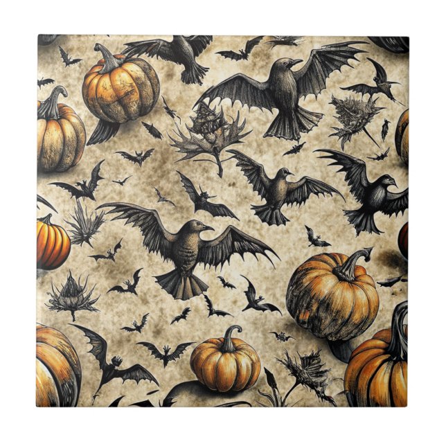 Vintage Halloween Pumpkins Bats Crows Autumn Tile (Front)