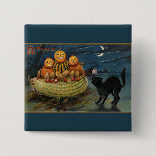 Vintage Halloween Pumpkins Black Cat 15 Cm Square Badge
