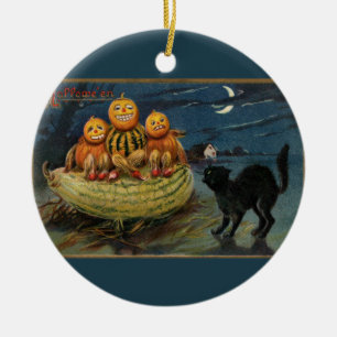 Vintage Halloween Pumpkins Black Cat Ceramic Tree Decoration