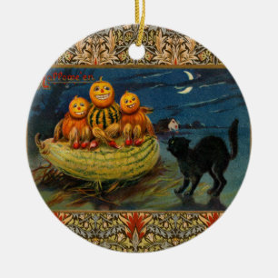 Vintage Halloween Pumpkins Black Cat Ceramic Tree Decoration