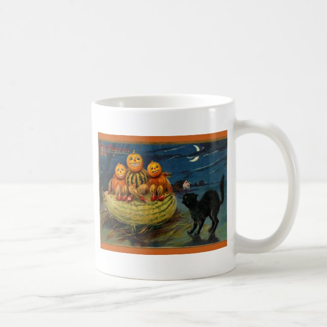 Vintage Halloween Pumpkins Black Cat Coffee Mug (Right)