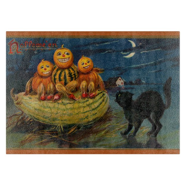 Vintage Halloween Pumpkins Black Cat Cutting Board (Front)