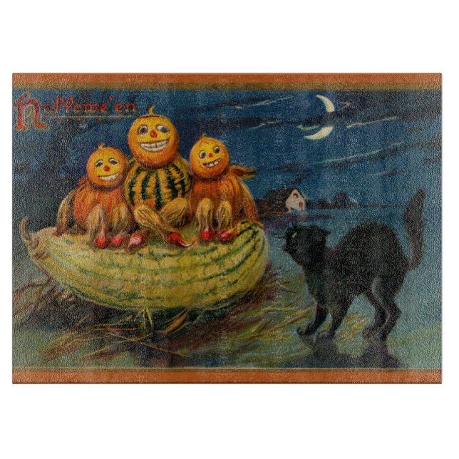 Vintage Halloween Pumpkins Black Cat Cutting Board (Front)