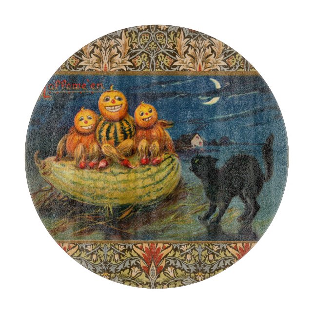 Vintage Halloween Pumpkins Black Cat Cutting Board (Front)