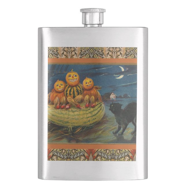 Vintage Halloween Pumpkins Black Cat Hip Flask (Front)