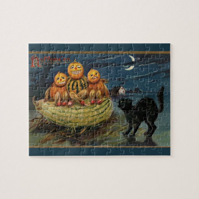 Vintage Halloween Pumpkins Black Cat Jigsaw Puzzle (Horizontal)