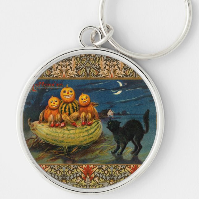 Vintage Halloween Pumpkins Black Cat Key Ring (Front)