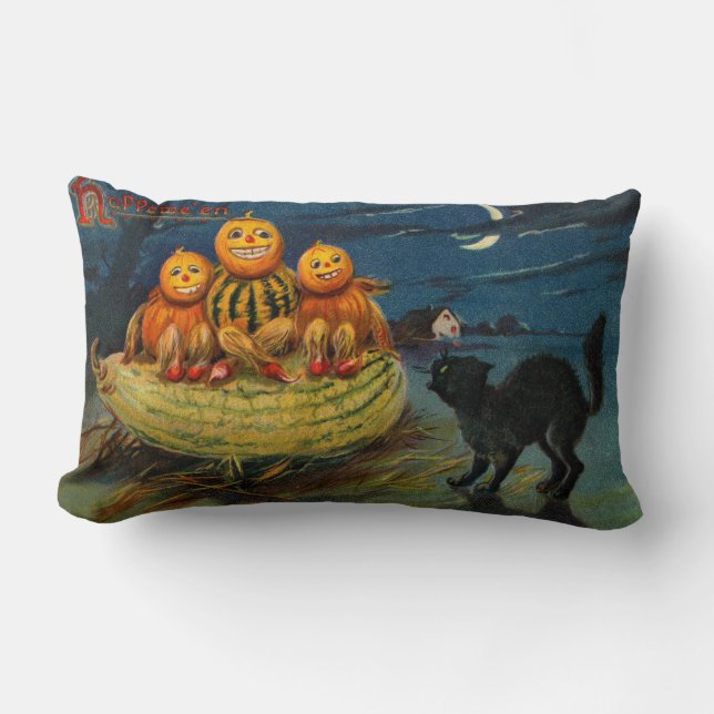 Vintage Halloween Pumpkins Black Cat Lumbar Cushion (Front)