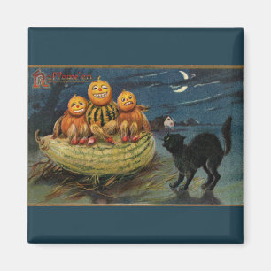 Vintage Halloween Pumpkins Black Cat Magnet