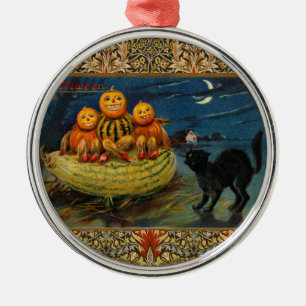 Vintage Halloween Pumpkins Black Cat Metal Tree Decoration