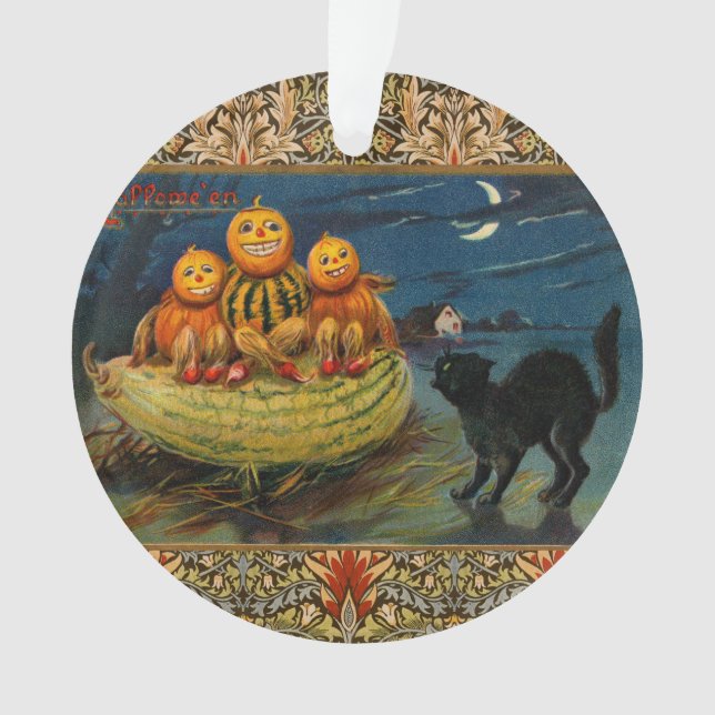 Vintage Halloween Pumpkins Black Cat Ornament (Front)