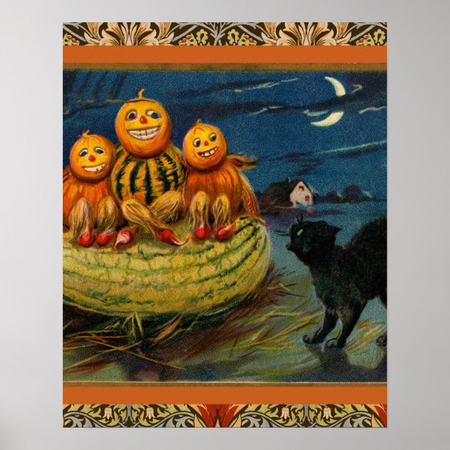 Vintage Halloween Pumpkins Black Cat Poster (Front)