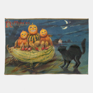Vintage Halloween Pumpkins Black Cat Tea Towel