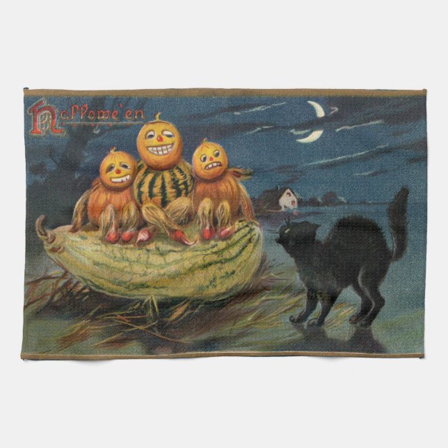 Vintage Halloween Pumpkins Black Cat Tea Towel (Horizontal)
