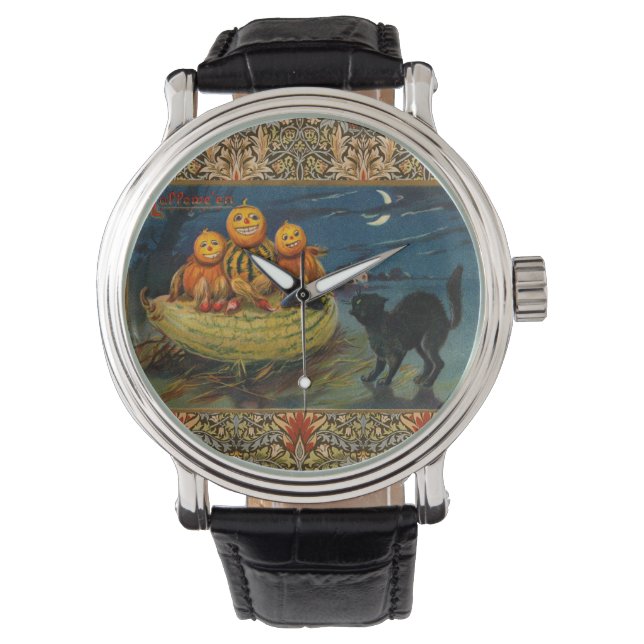 Vintage Halloween Pumpkins Black Cat Watch (Front)