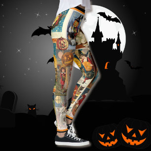 Vintage Halloween Pumpkins Witch Trick or Treat Leggings