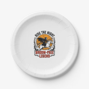 Vintage Halloween Rider Broom-Free Spooky Art_1 Paper Plate
