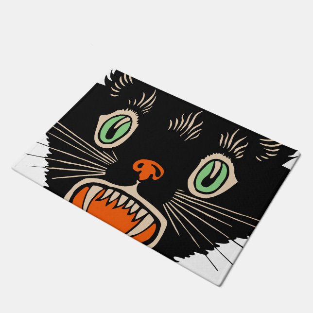 Vintage Halloween Scared Black Cat Doormat (Angled)