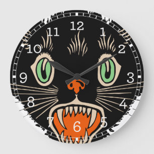 Vintage Halloween Scared Black Cat Large Clock