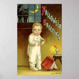 Vintage Halloween, Scared Boy with Black Cat Poster