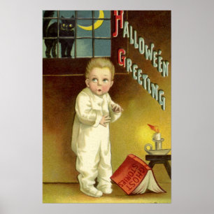 Vintage Halloween, Scared Boy with Black Cat Poster